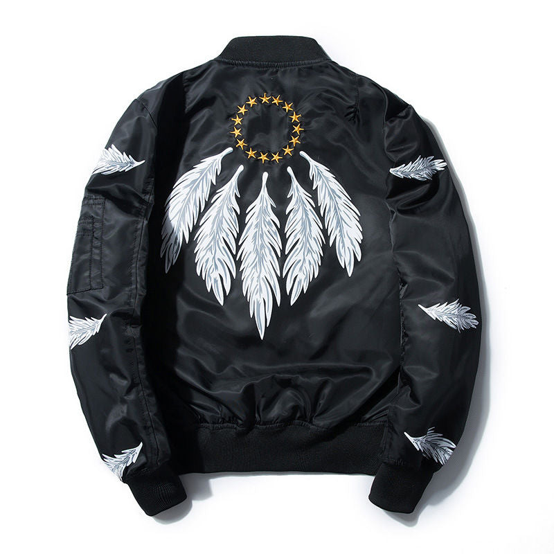 Autumn Winter Men Casual Feathers Print Thin MA1 Bomber Jacket Male Stand Collar Star Embroidery Baseball Jacket Coat Plus Size