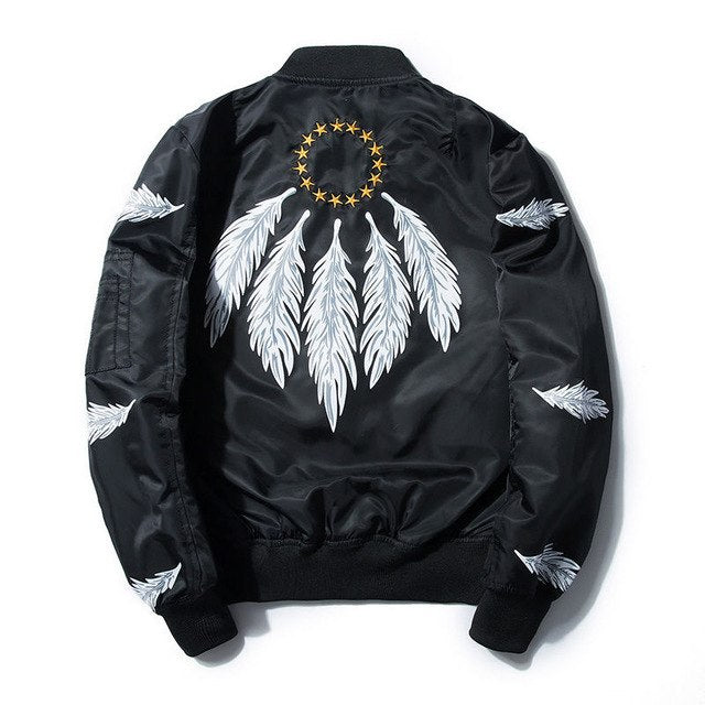 Autumn Winter Men Casual Feathers Print Thin MA1 Bomber Jacket Male Stand Collar Star Embroidery Baseball Jacket Coat Plus Size