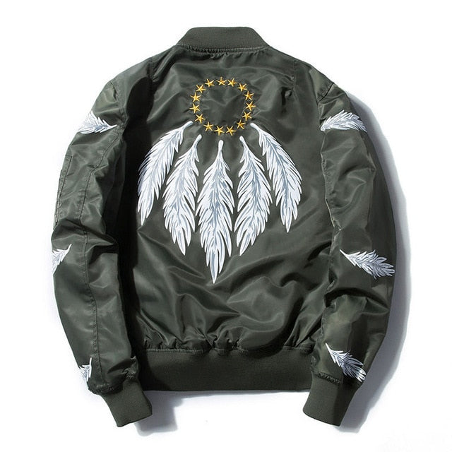 Autumn Winter Men Casual Feathers Print Thin MA1 Bomber Jacket Male Stand Collar Star Embroidery Baseball Jacket Coat Plus Size